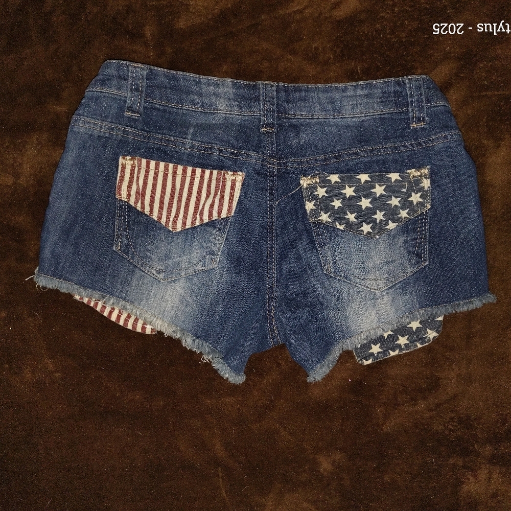 Hot Kiss Blue Denim Shorts with Red & Blue Flag Pocket Details